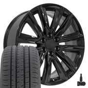 Set(4) 22x9 CA91 Gloss Black - 6x139.7 +28ET with 285/45r22 Bridgestone Dueler Alenza HL Tires &amp; TPMS