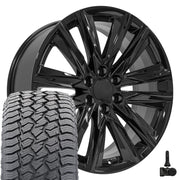 Set(4) 22x9 CA91 Gloss Black - 6x139.7 +28ET with 285/45r22 Sailun TerraMax AT2 Tires &amp; TPMS