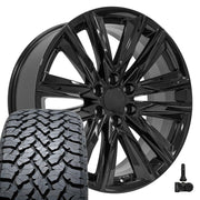 Set(4) 22x9 CA91 Gloss Black - 6x139.7 +28ET with 285/45r22 TBB TS-37 AT Tires &amp; TPMS