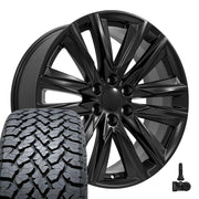 Set(4) 22x9 CA91 Satin Black - 6x139.7 +28ET with 285/45r22 TBB TS-37 AT Tires &amp; TPMS