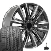 Set(4) 22x9 CA91 Gloss Gunmetal with Polished Face - 6x139.7 +28ET with 275/50r22 Bridgestone Alenza A/S 02 Tires &amp; TPMS
