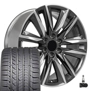 Set(4) 22x9 CA91 Gloss Gunmetal with Polished Face - 6x139.7 +28ET with 285/45r22 Goodyear Eagle Sport Tires &amp; TPMS
