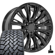 Set(4) 20x9 CA93 Gloss Black - 6x139.7 +28ET with 275/55r20 TBB TS-37 AT Tires &amp; TPMS