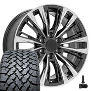Set(4) 20x9 CA93 Gloss Gunmetal with Polished Face - 6x139.7 +28ET with 275/55r20 TBB TS-37 AT Tires &amp; TPMS