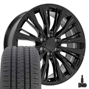 Set(4) 22x9 CA93 Gloss Black - 6x139.7 +28ET with 285/45r22 Bridgestone Dueler Alenza HL Tires &amp; TPMS