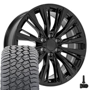 Set(4) 22x9 CA93 Gloss Black - 6x139.7 +28ET with 285/45r22 Sailun TerraMax AT2 Tires &amp; TPMS