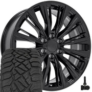 OE Wheels CA93 22x9 6x139.7 Gloss Black Wheels 285-45-22 Sailun TerraMax RT Tires TPMS SET