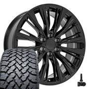 Set(4) 22x9 CA93 Gloss Black - 6x139.7 +28ET with 285/45r22 TBB TS-37 AT Tires &amp; TPMS