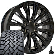 Set(4) 22x9 CA93 Satin Black - 6x139.7 +28ET with 285/45r22 TBB TS-37 AT Tires &amp; TPMS