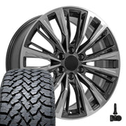 Set(4) 22x9 CA93 Gloss Gunmetal with Polished Face - 6x139.7 +28ET with 285/45r22 TBB TS-37 AT Tires &amp; TPMS