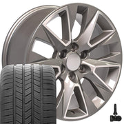 Set(4) 20x9 CV26 Gloss Silver Machined - 6x139.7 +28ET with 275/55r20 Goodyear Eagle LS2 Tires &amp; TPMS