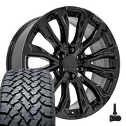 Set(4) 22x9 CV30 Gloss Black - 6x139.7 +28ET with 285/45r22 TBB TS-37 AT Tires &amp; TPMS