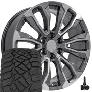 OE Wheels CV30 22x9 6x139.7 Gloss Gunmetal Machined Wheels 285-45-22 Sailun TerraMax RT Tires TPMS SET