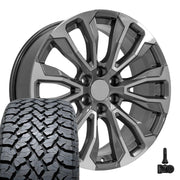 Set(4) 22x9 CV30 Gloss Gunmetal Machined - 6x139.7 +28ET with 285/45r22 TBB TS-37 AT Tires &amp; TPMS