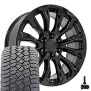 Set(4) 22x9 CV30B Gloss Black - 6x139.7 +28ET with 285/45r22 Sailun TerraMax AT2 Tires &amp; TPMS