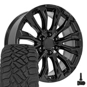 Set(4) 22x9 CV30B Gloss Black - 6x139.7 +28ET with 285/45r22 Sailun TerraMax RT Tires &amp; TPMS