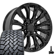 Set(4) 22x9 CV30 Gloss Black - 6x139.7 +28ET with 285/45r22 TBB TS-37 AT Tires &amp; TPMS
