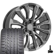 Set(4) 22x9 CV30B Gloss Gunmetal Machined - 6x139.7 +28ET with 285/45r22 Goodyear Eagle Sport Tires &amp; TPMS
