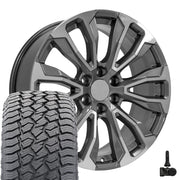 Set(4) 22x9 CV30B Gloss Gunmetal Machined - 6x139.7 +28ET with 285/45r22 Sailun TerraMax AT2 Tires &amp; TPMS