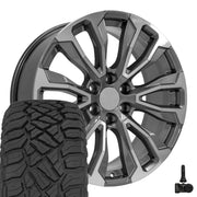 Set(4) 22x9 CV30B Gloss Gunmetal Machined - 6x139.7 +28ET with 285/45r22 Sailun TerraMax RT Tires &amp; TPMS
