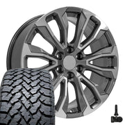 Set(4) 22x9 CV30 Gloss Gunmetal Machined - 6x139.7 +28ET with 285/45r22 TBB TS-37 AT Tires &amp; TPMS