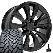 Set(4) 22x9 CV32 Gloss Black - 6x139.7 +28ET with 285/45r22 TBB TS-37 AT Tires &amp; TPMS