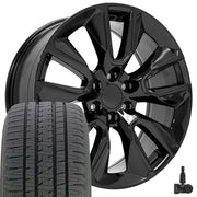 Set(4) 22x9 CV32 Gloss Black - 6x139.7 +28ET with 285/45r22 Bridgestone Dueler Alenza HL Tires &amp; TPMS