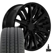 Set(4) 22x9 CV33 Gloss Black - 6x139.7 +28ET with 285/45r22 Bridgestone Dueler Alenza HL Tires &amp; TPMS
