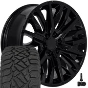 OE Wheels CV33 22x9 6x139.7 Gloss Black Wheels 285-45-22 Sailun TerraMax RT Tires TPMS SET