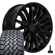 Set(4) 22x9 CV33 Gloss Black - 6x139.7 +28ET with 285/45r22 TBB TS-37 AT Tires &amp; TPMS