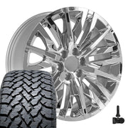 Set(4) 22x9 CV33 Chrome - 6x139.7 +28ET with 285/45r22 TBB TS-37 AT Tires &amp; TPMS