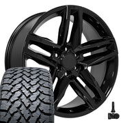 OE Wheels CV34 22x9 6x139.7 Gloss Black Wheels 285/45r22 TBB TS-37 AT Tires TPMS SET