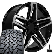 Set(4) 22x9 CV34 Gloss Black Machined - 6x139.7 +26ET with 285/45r22 TBB TS-37 AT Tires &amp; TPMS