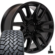 OE Wheels CV36 20x9 6x139.7 Gloss Black Wheels 275-55-20 TBB TS-37 AT Tires TPMS SET