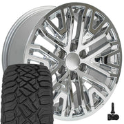 Set(4) 20x9 CV37 Chrome - 6x139.7 +28ET with 275/55r20 Sailun TerraMax RT Tires &amp; TPMS