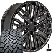 Set(4) 22x9 CV37 Satin Black with Milled Edge - 6x139.7 +28ET with 285/45r22 TBB TS-37 AT Tires &amp; TPMS