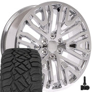 OE Wheels CV37 22x9 6x139.7 Chrome Wheels 285-45-22 Sailun TerraMax RT Tires TPMS SET