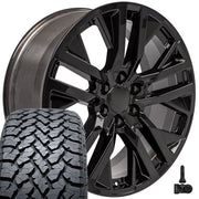 Set(4) 22x9 CV38 Gloss Black - 6x139.7 +28ET with 285/45r22 TBB TS-37 AT Tires &amp; TPMS