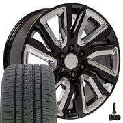 22" Replica Wheels fit GMC Sierra 1500 - CV39 Gloss Black with Chrome Insert 22x9, Bridgestone Tires &amp; TPMS Set