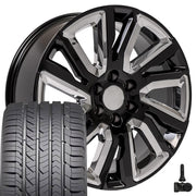 22" Replica Wheels fit GMC Sierra 1500 - CV39 Gloss Black with Chrome Insert 22x9, Goodyear Tires &amp; TPMS Set