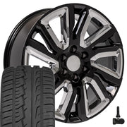 22" Replica Wheels fit GMC Sierra 1500 - CV39 Gloss Black with Chrome Insert 22x9, Ironman Tires &amp; TPMS Set
