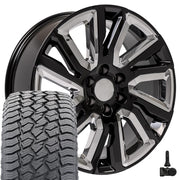 22" Replica Wheels fit GMC Sierra 1500 - CV39 Gloss Black with Chrome Insert 22x9, Sailun Tires &amp; TPMS Set