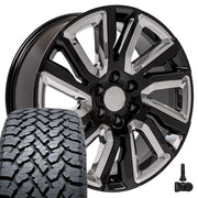 Set(4) 22x9 CV39 Gloss Black with Chrome Insert - 6x139.7 +28ET with 285/45r22 TBB TS-37 AT Tires &amp; TPMS