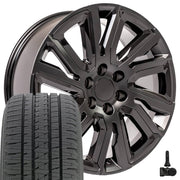 22" Replica Wheels fit GMC Sierra 1500 - CV39 Satin Black with Gloss Black Insert 22x9, Bridgestone Tires &amp; TPMS Set