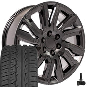 22" Replica Wheels fit GMC Sierra 1500 - CV39 Satin Black with Gloss Black Insert 22x9, Ironman Tires &amp; TPMS Set