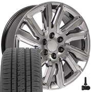 22" Replica Wheels fit GMC Sierra 1500 - CV39 Gloss Hyper Black with Chrome Insert 22x9, Bridgestone Tires &amp; TPMS Set