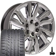 22" Replica Wheels fit GMC Sierra 1500 - CV39 Gloss Hyper Black with Chrome Insert 22x9, Goodyear Tires &amp; TPMS Set