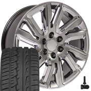 22" Replica Wheels fit GMC Sierra 1500 - CV39 Gloss Hyper Black with Chrome Insert 22x9, Ironman Tires &amp; TPMS Set