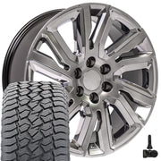 22" Replica Wheels fit GMC Sierra 1500 - CV39 Gloss Hyper Black with Chrome Insert 22x9, Sailun Tires &amp; TPMS Set
