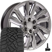 OE Wheels CV39 22x9 6x139.7 Gloss Hyper Black with Chrome Insert Wheels 285-45-22 Sailun TerraMax RT Tires TPMS SET